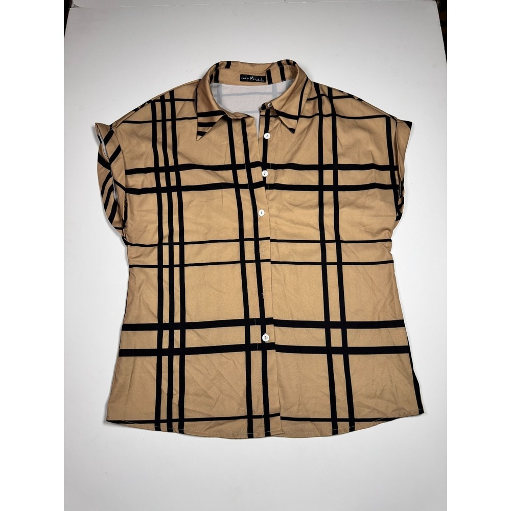 Emery Rose Blouse Top Women Small Tan Black Plaid Cuffed Cap Sleeve Button Front